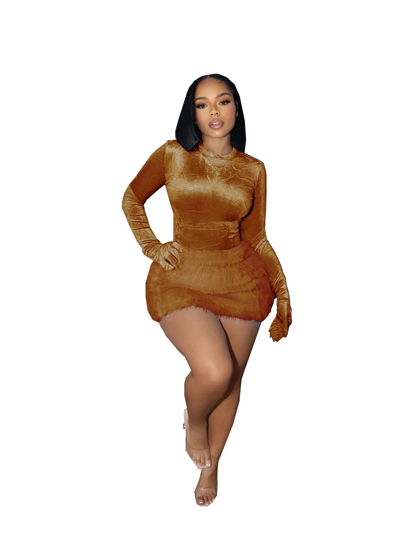Velvet Long Sleeve Solid Color Women's Bodysuit+ Faux Fur Mini Skirt 2-Piece Set