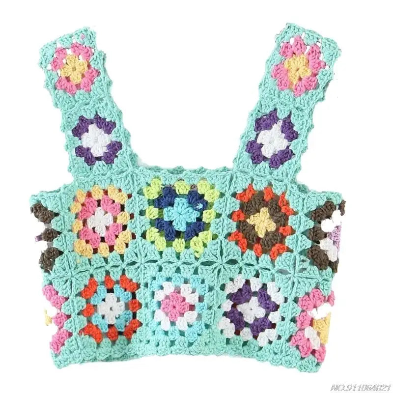 Crochet Multi-Colored Square Flower Design Knitted Square Neck Women's Sleeveless Cropped Tank Top