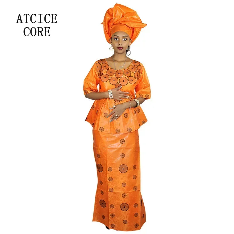 African Bazin Embroidered Design Women's Ruffled 2-Piece Maxi Skirt Suit w/ Head Wrap