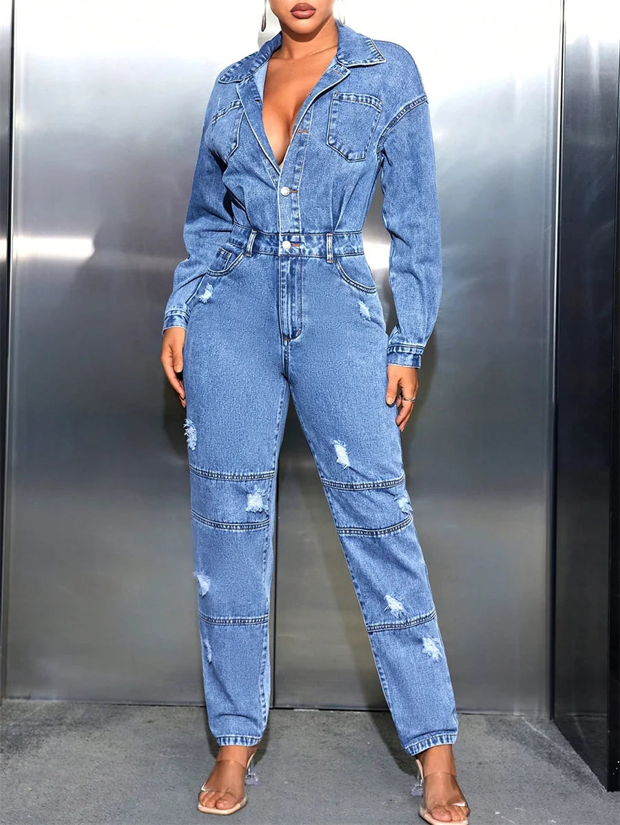 Denim Pocketed Faded Blue Ripped Hole Pattern Turn-Down Collar Elastic Waist Women's Streetwear Long Sleeve Overall Cargo Jean Jumpsuit