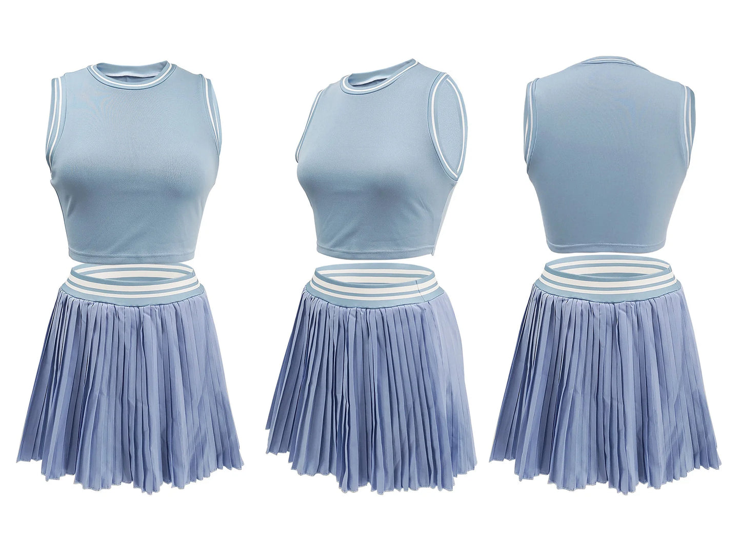 Sleeveless Solid Color O-Neck Crop Tank Top + Pleated Mini Tennis Skirt Women's Fitness 2-Piece Set