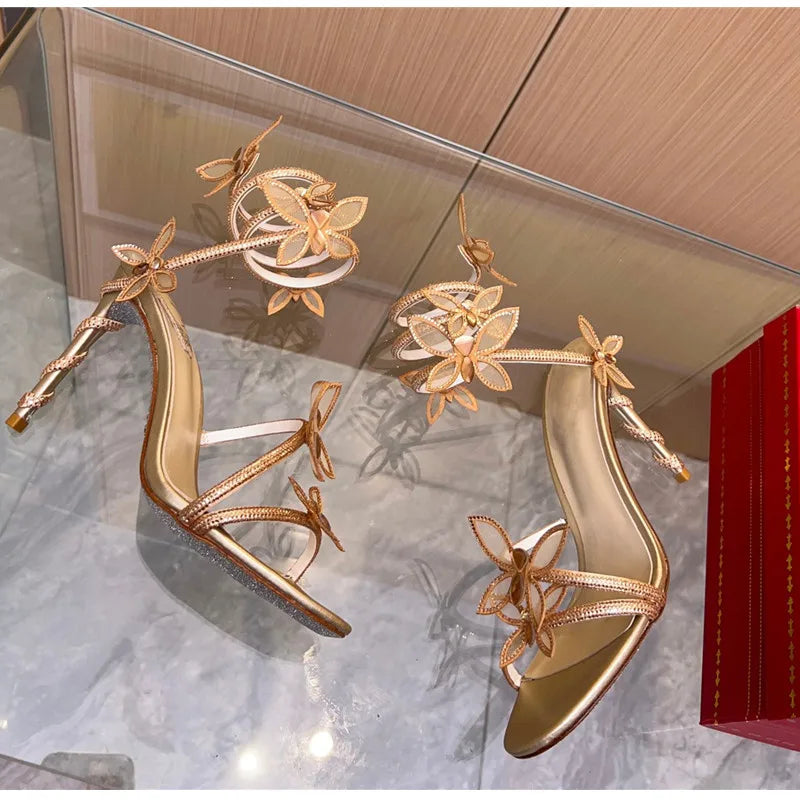 Crystal Butterfly Embellished Detail Spiral Coiled Band Strap High Heel Gladiator Sandal Pumps