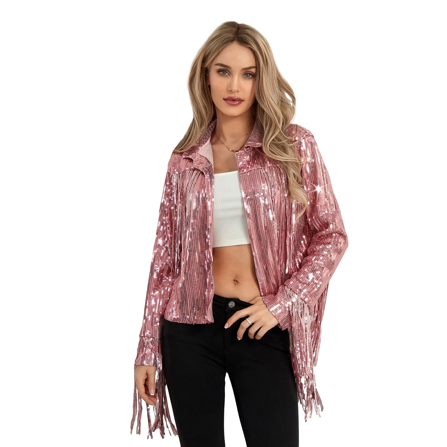 Sparkling Metallic Sequin Tassel Fringe Western Women's Long Sleeve Open Cowgirl Jacket