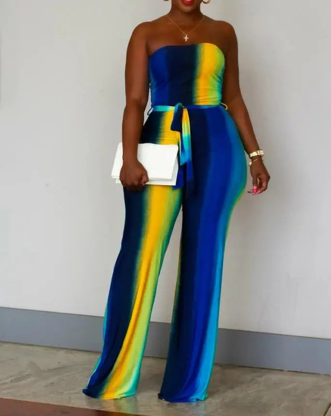 Blue/Yellow Ombre Colorblock Rainbow Striped Sleeveless Strapless Wide Leg Tube Top Sash Belted Women's Jumpsuit