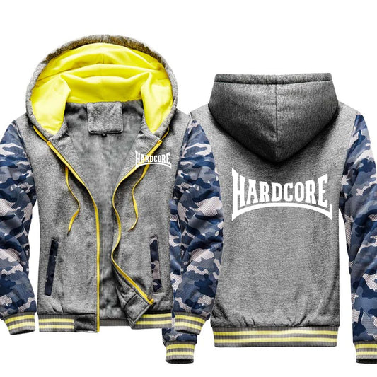 Men‘s "Hardcore" Drawstring Camoflauge Colorblock Print Fleece Cotton Raglan Zipper Hoodie Jacket