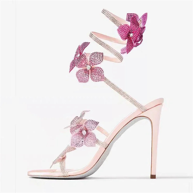 Crystal Flower Narrow Band Ankle Strap Thin Stiletto Heel Formal Sandal Pumps
