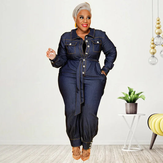Denim Turn-Down Collar Sash Belted Button Front Long Sleeve Women's Overall Jumpsuit to 5X Plus Size