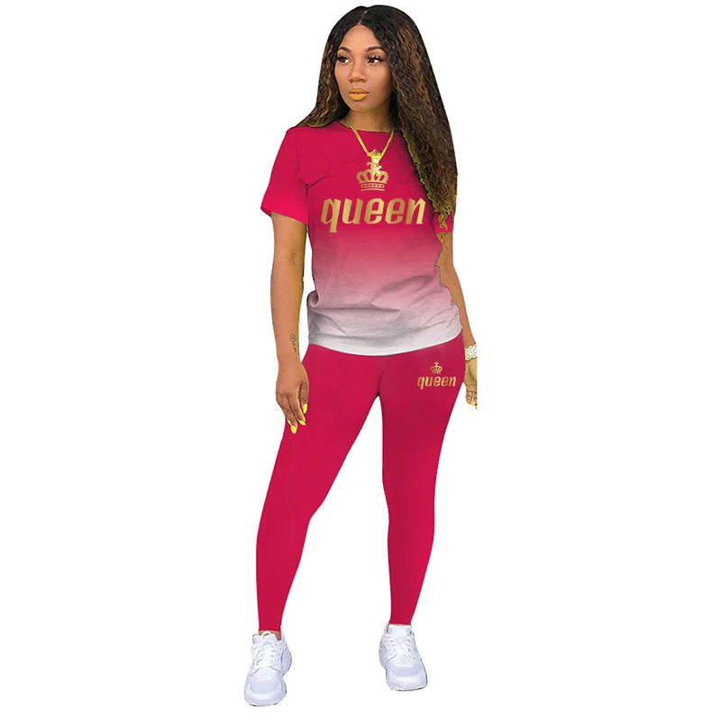 Metallic "Queen" Gold Ombre Gradient Colorblock Print Short Sleeve T-Shirt + Leggings 2-Piece Set to 5X