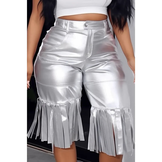 Metallic Faux Leather Solid Tassel Detail High Waist Ladies Glitter Fringe Capri Pants to 3X Plus Size