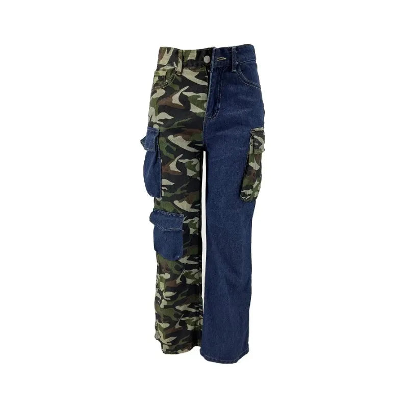 Denim Patchwork Camouflage 3D Pocket Ladies Cargo Pants