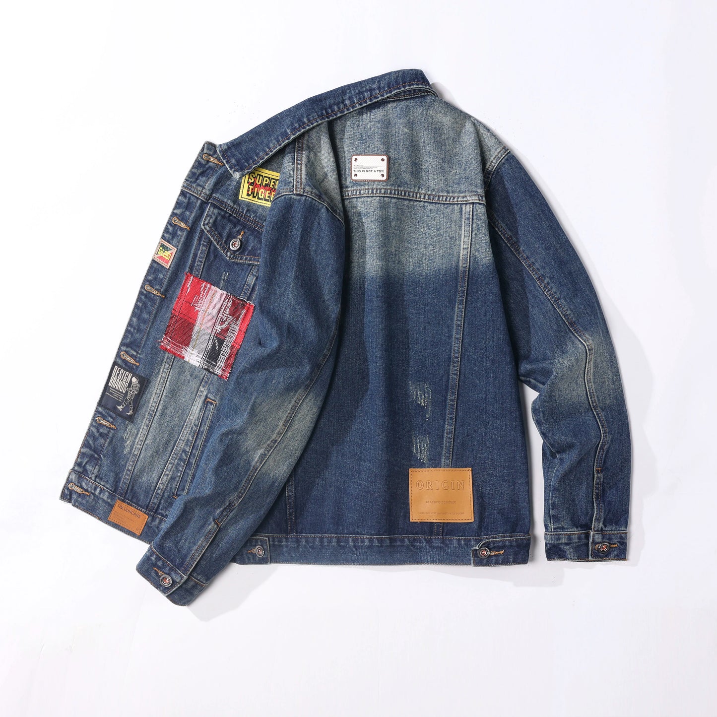 Men's Denim Patchwork Design Washed Gradient Colorblock Hip-Hop Streetwear Jean Jacket