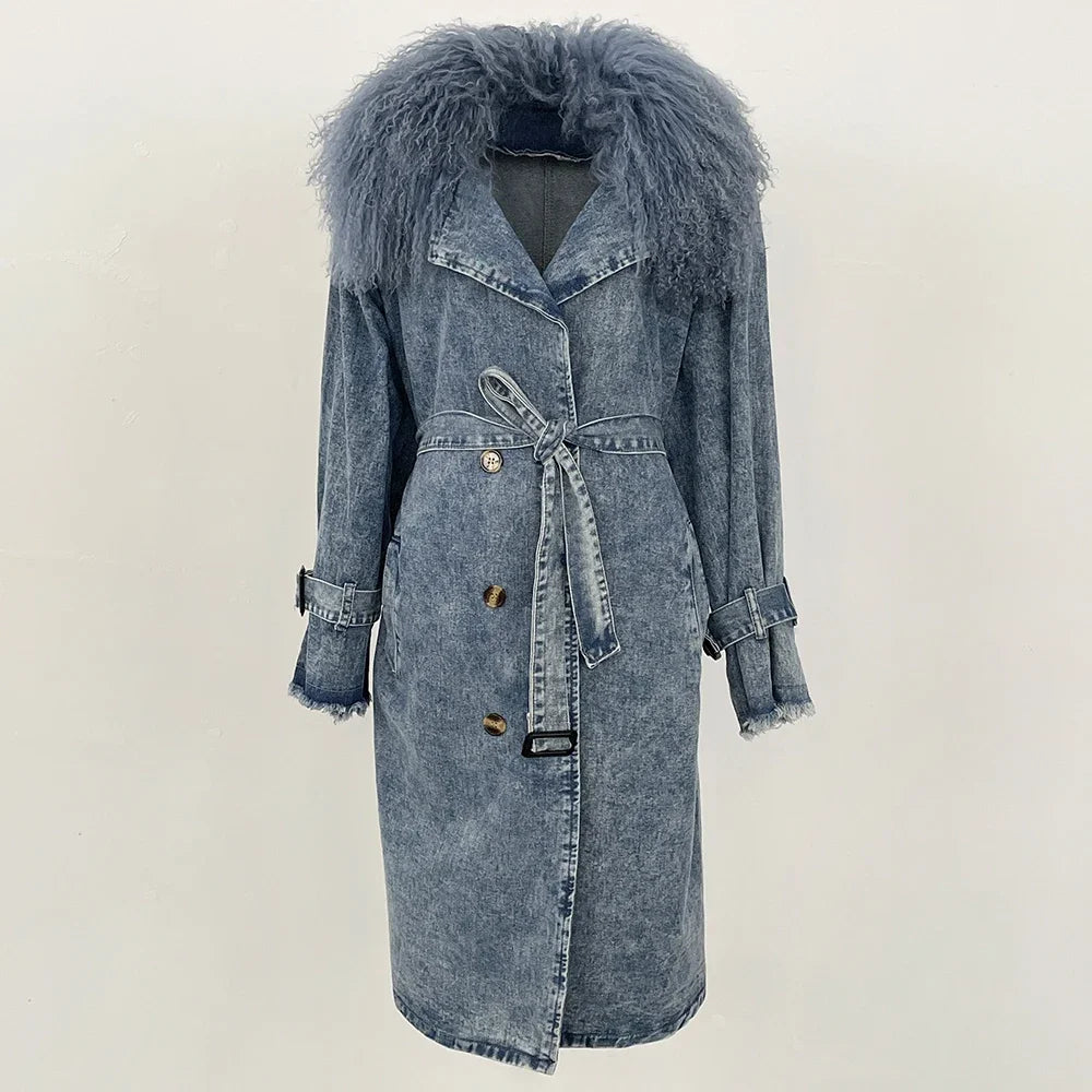 Denim Hip-Hop Button Design Shaggy Mongolian Fur Collar Double Breasted Women's Sash Belted Jean Trenchcoat