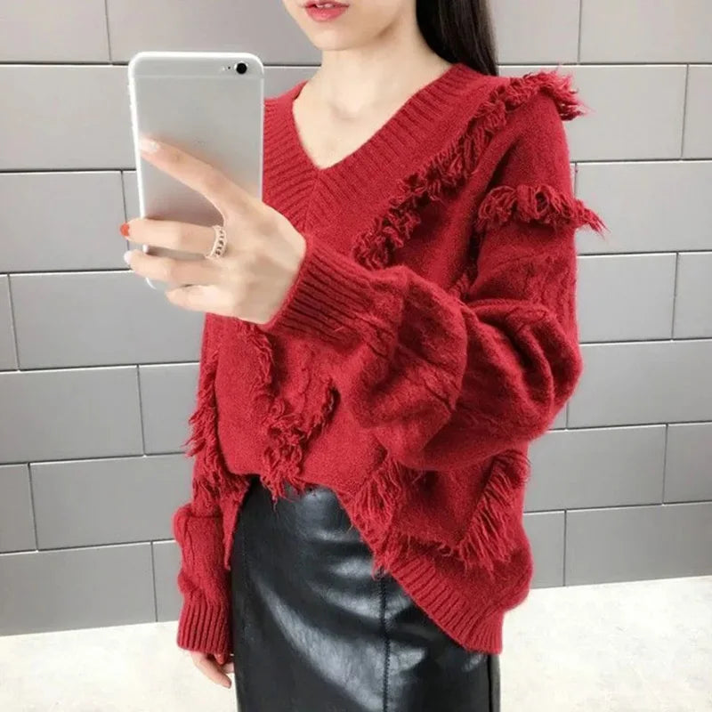 Tassel Furry Knitted Women's Lazy Long Sleeve Pullover Sweater