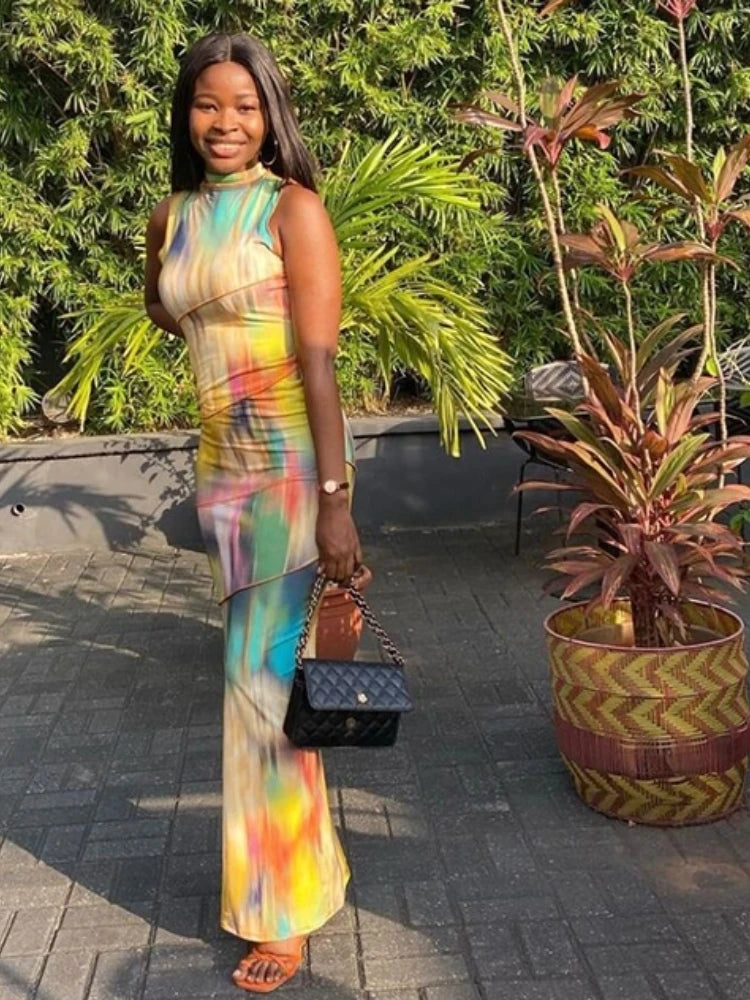 Aesthetic Tie-Dye Sleeveless Ruched Slim Maxi Dress