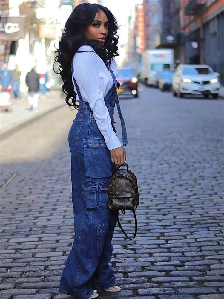 Denim Blue Women's Cargo Multi-Pocket Sleeveless Overall Jean Jumpsuit