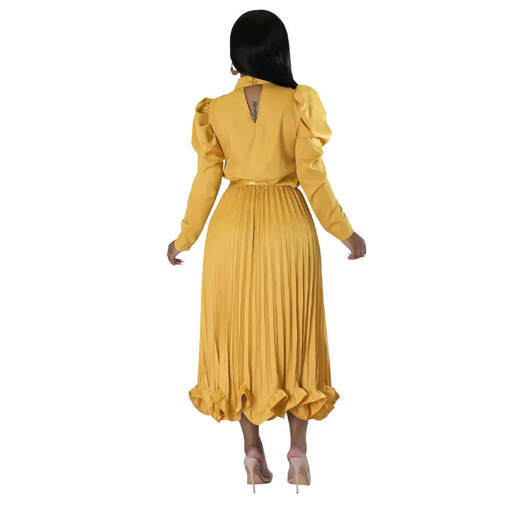 Women’s Solid Color O-Neck Lantern Sleeve Blouse + A-Line Flounce Formal Pleated Maxi Skirt w/ Sash Belt 2-Piece Set