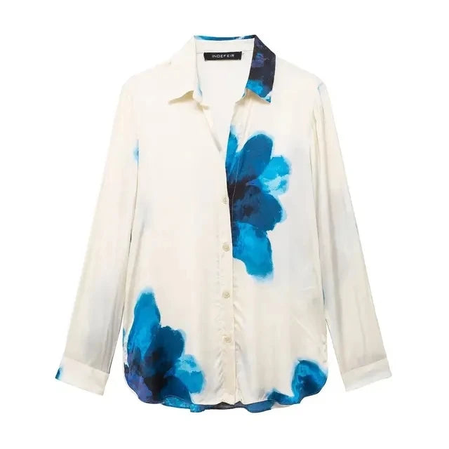 Floral Stain Print Button-Up Blouse + Elastic Waist Wide Leg Pants Women's Casual 2-Piece Sets