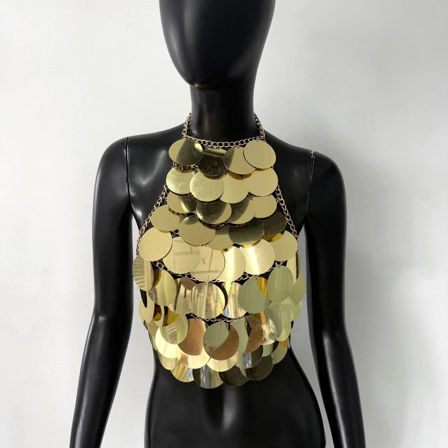 Gold Metallic Circular Sequin Acrylic Design Women's Backless Sleeveless Vest Top