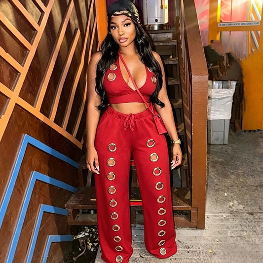 Ringlet Design Backless Hollow-Out Halter V-Neck Crop Top + Matching Pants Women's 2-Piece Set