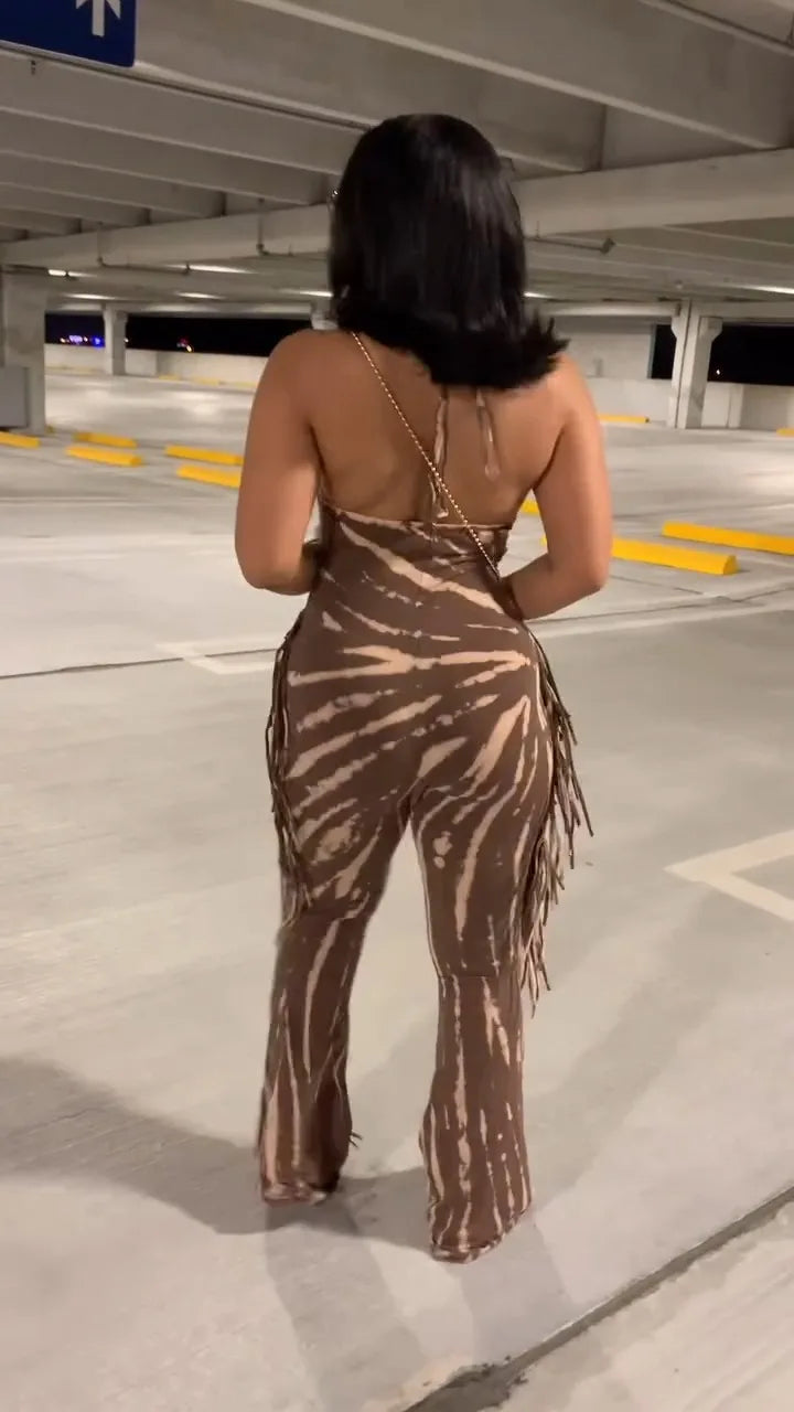 Coffee/Grey Striped Swirl Print Tassel Fringe Design Backless V-Neck Bodycon Women's Sleeveless Jumpsuit to 3X Plus Size
