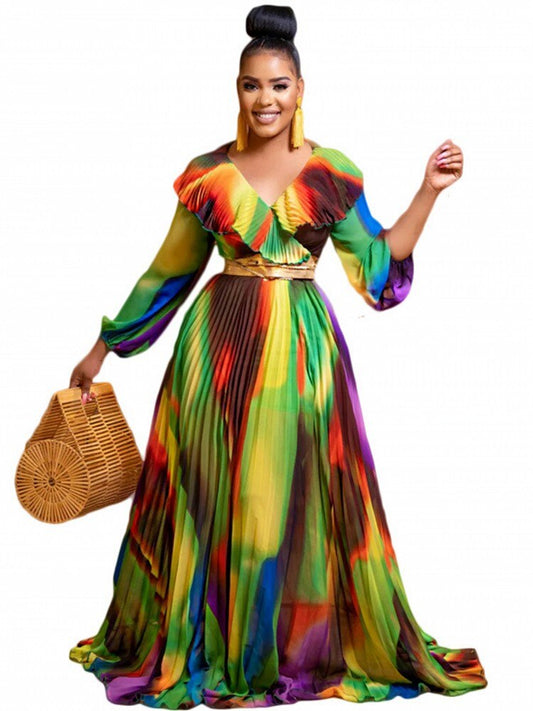 Pleated Ruffled Gradient Rainbow Colorblock Long Sleeve Maxi Dress