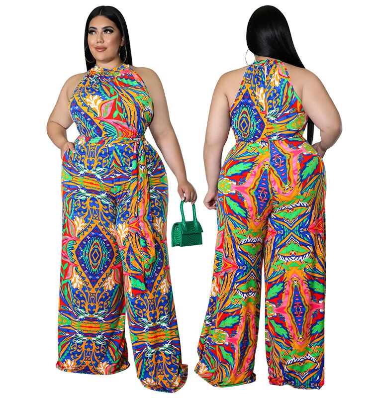 African Print Sleeveless Printed Wide Leg Jumpsuit w/ Sash Belt to 5X Plus Size