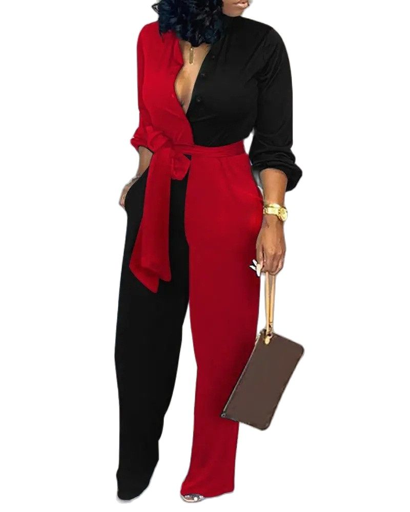 Long Sleeve Open Button Shirt Jumpsuits