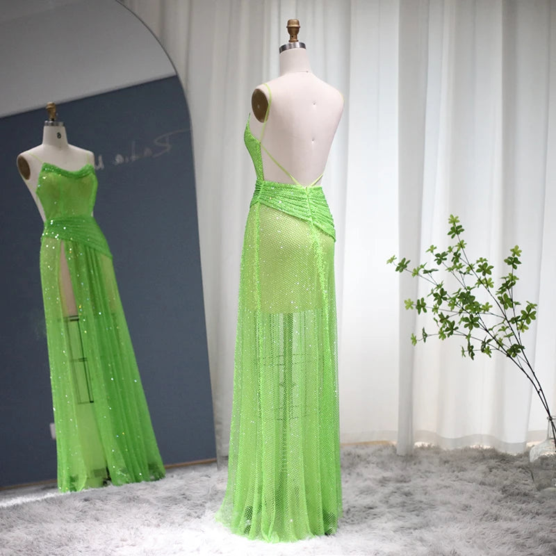 Neon Green Crystal Sheer Mesh Transparent Spaghetti Strap High Slit Mini/Maxi Party Sweep Train Dress