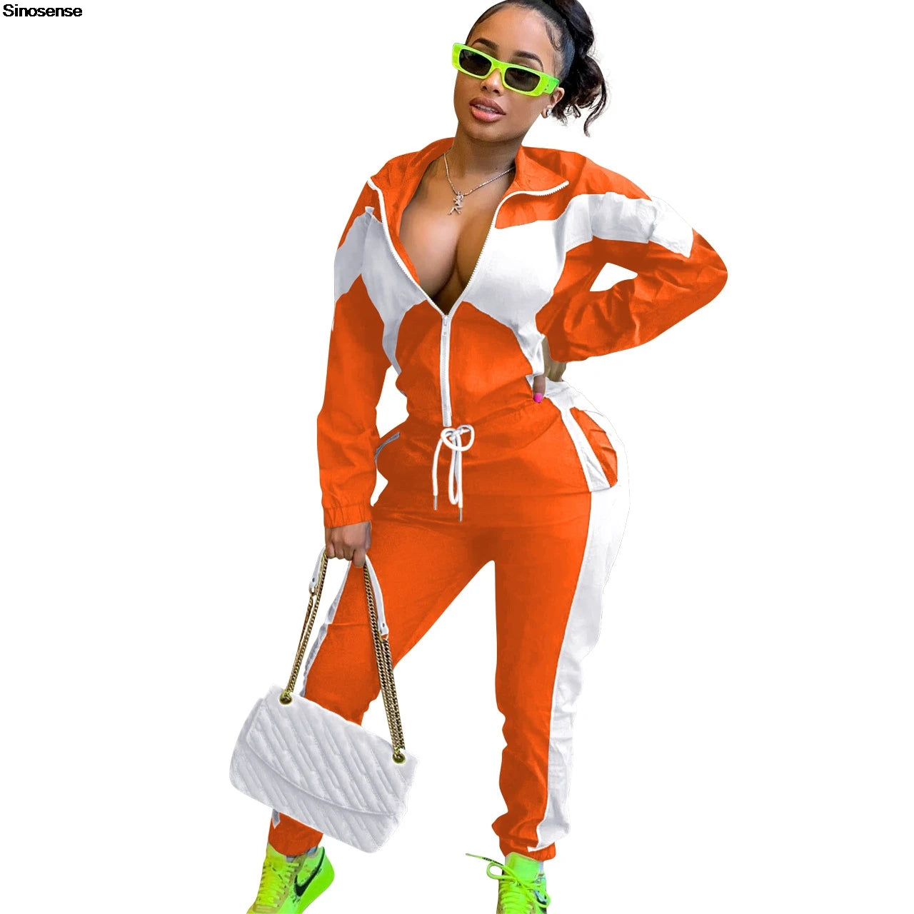 Women's Turn-Down Colorblock Zipper Jacket + Elastic Waist Sweatpants Tracksuit