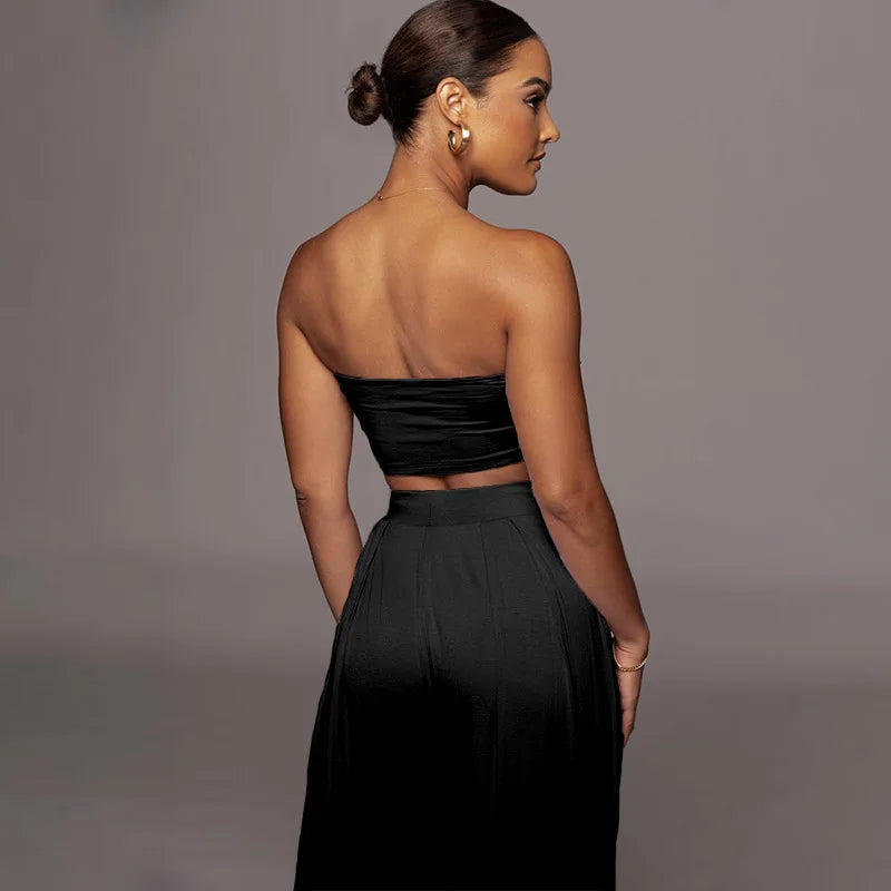 Sleeveless Bowknot Design Tube Top+ Wide Leg Pants Women's Solid Color 2-Piece Set