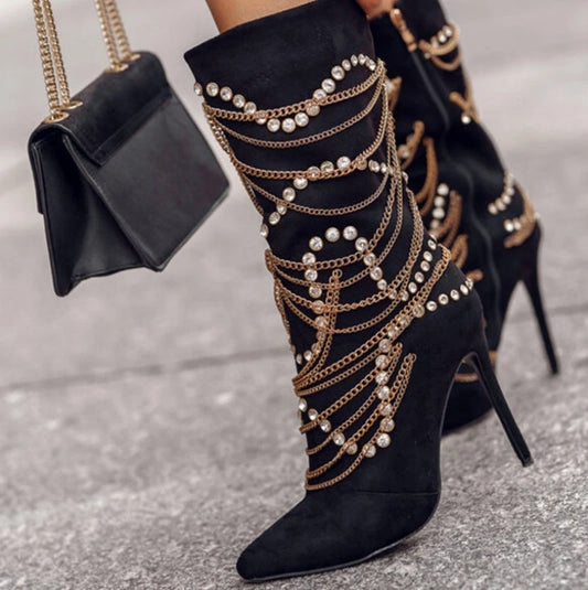 Pearl Metallic Gold Chain Stiletto Heels Knee-High Women's Pointed Toe Stiletto Heel Ankle Boots