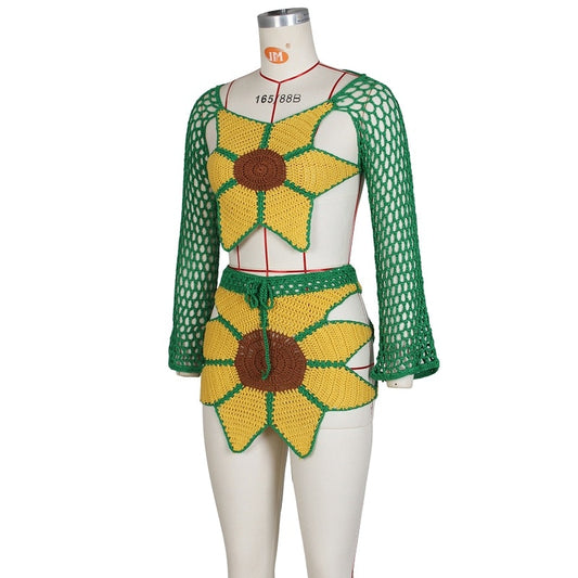 Handmade Crochet Sunflower Beach Cover-Up 2-Piece Long Sleeve Crop Top + Mini Bodycon Skirt Set