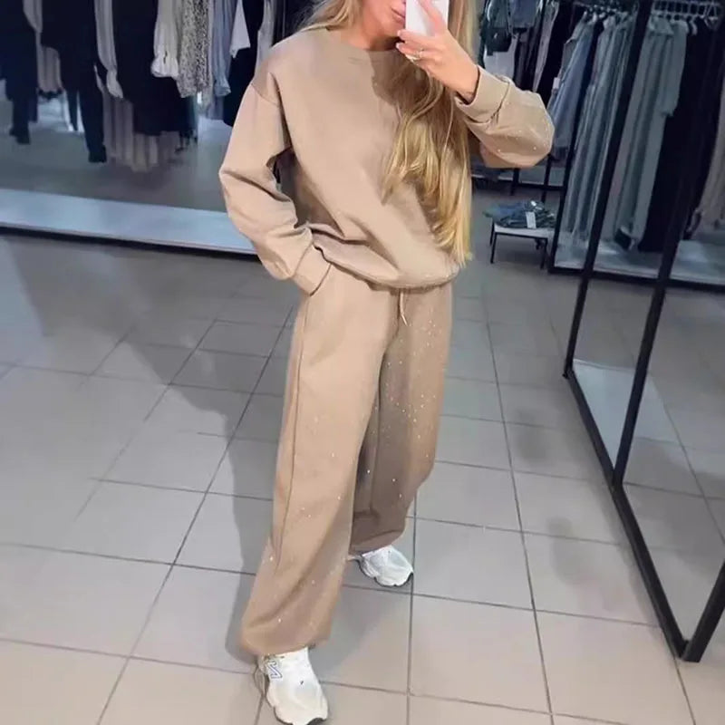 Rhinestone Glitter Women's O-Neck Pullover Sweatshirt Lace-Up Pants Tracksuit