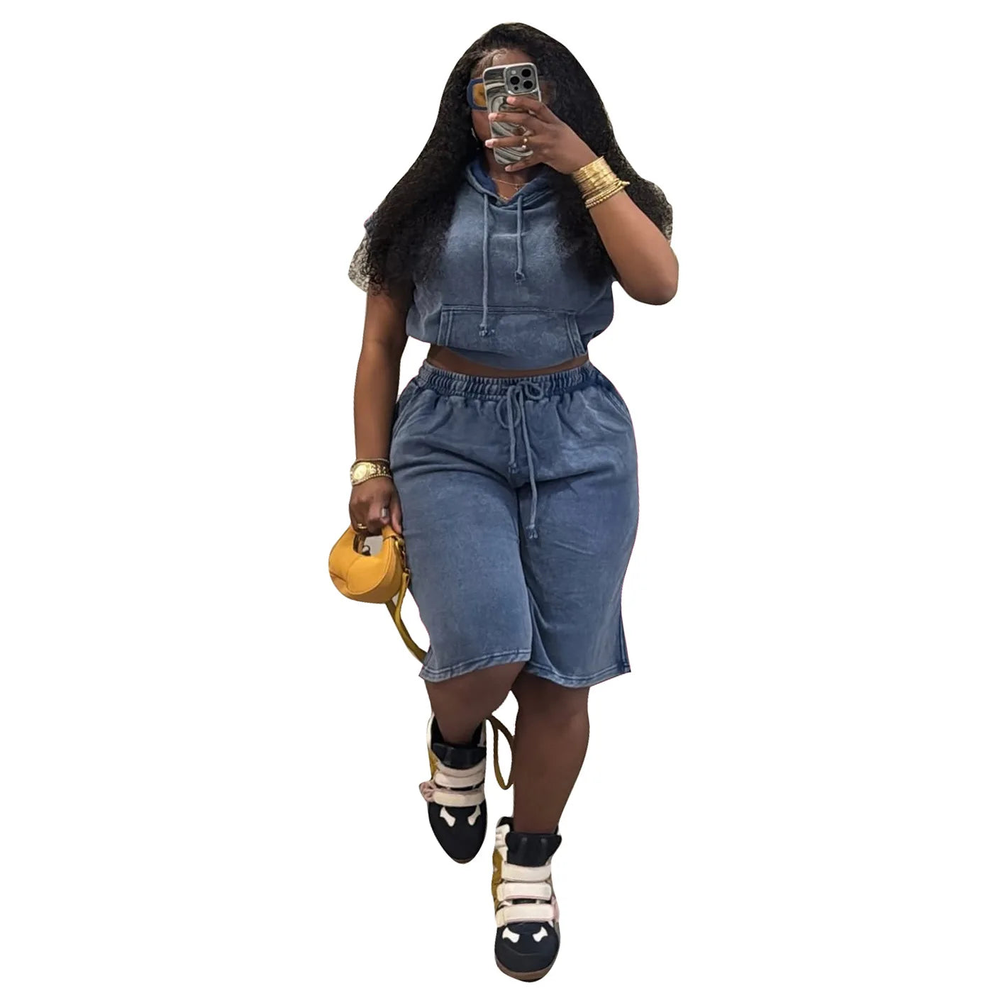 Washed Mock Denim Sleeveless Streetwear Women's Hoodie Top + Drawstring Shorts 2-Piece Set