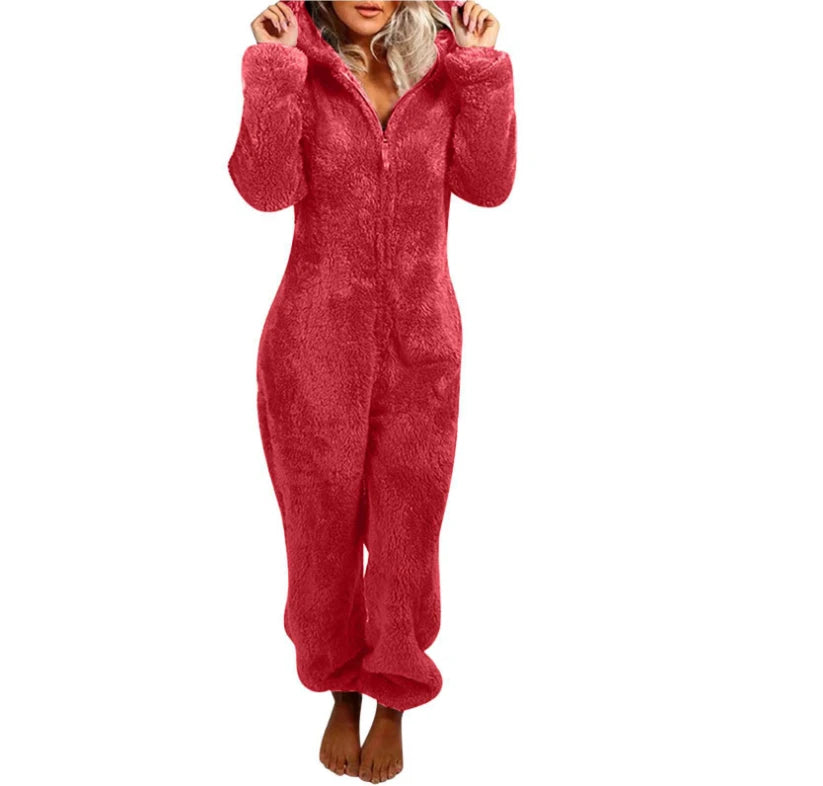 Faux Fur Fleece Women's Onesie Zipper Hoodie Teddy Jumpsuit