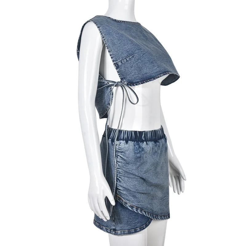 Strapless Washed Denim Hollow-Out Lace-Up Tank Top + Mini Elastic Waist Stretch Skirt 2-Piece Set