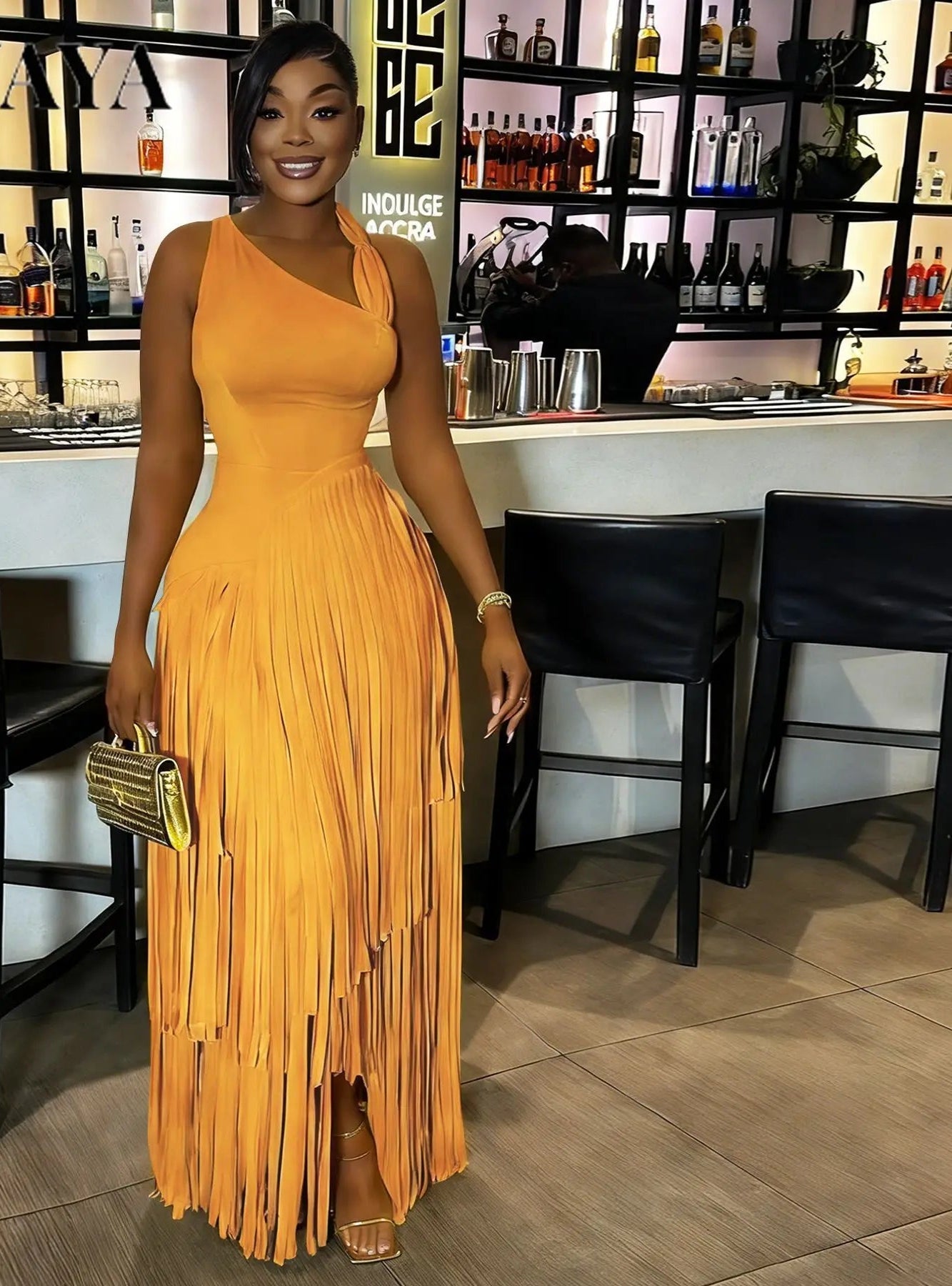 Sleeveless Asymmetrical Tassel Fringe Hem Design Skew Collar Maxi Party Dress