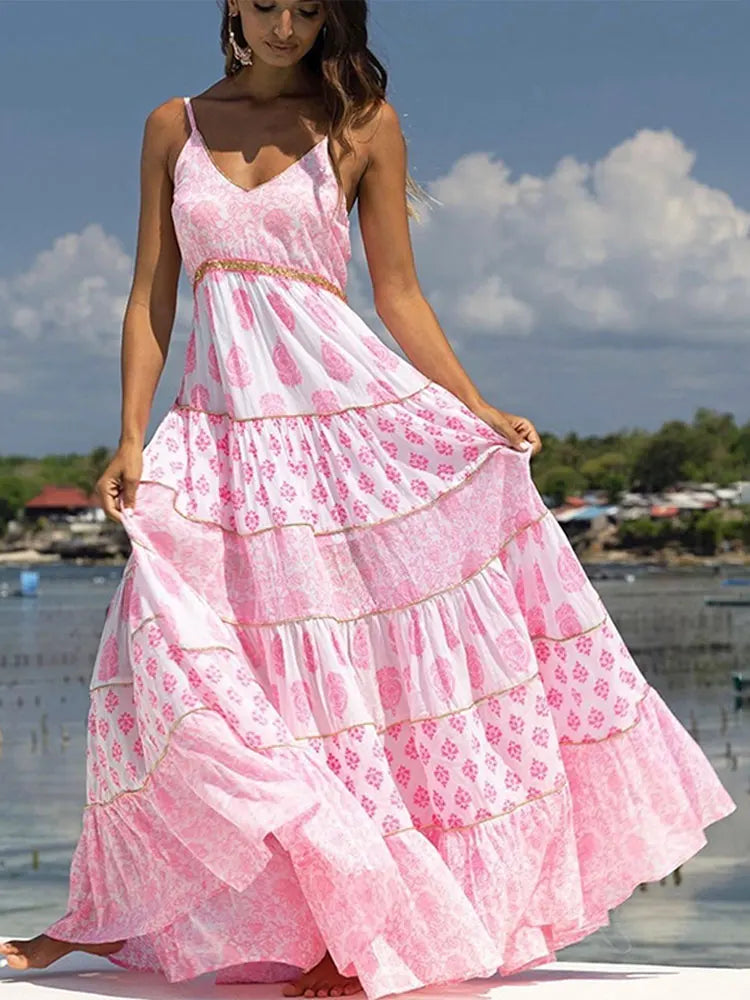 Pink Printed Ruffled Oversized Hem Loose Backless Sling Beach Maxi Dress