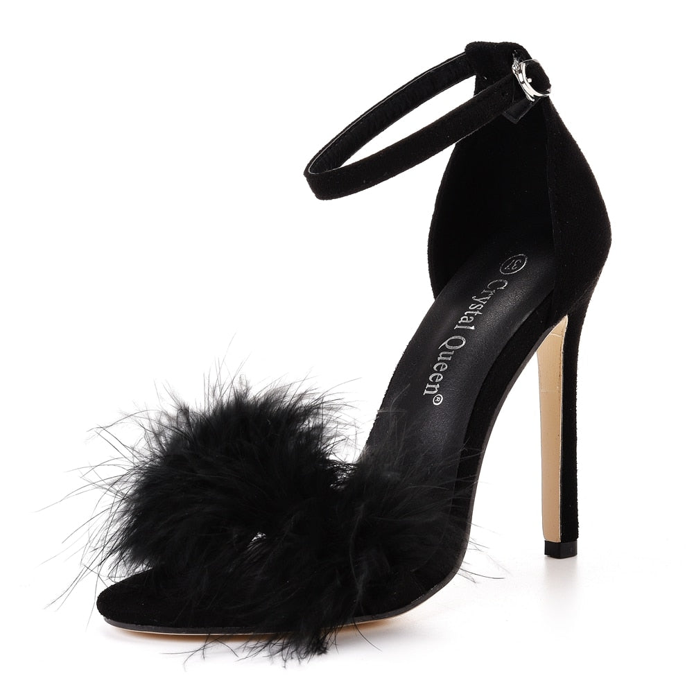 Furry Peep Toe Stiletto Ankle Strap Sandals