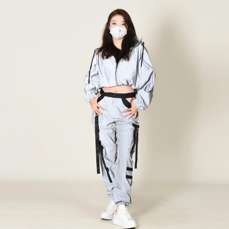 Reflective Hip-Hop Women's Hollow-Out Long Sleeve Patchwork Sweatshirt/Zipper Jacket + Cargo Strap Detail Sweatpants Tracksuit