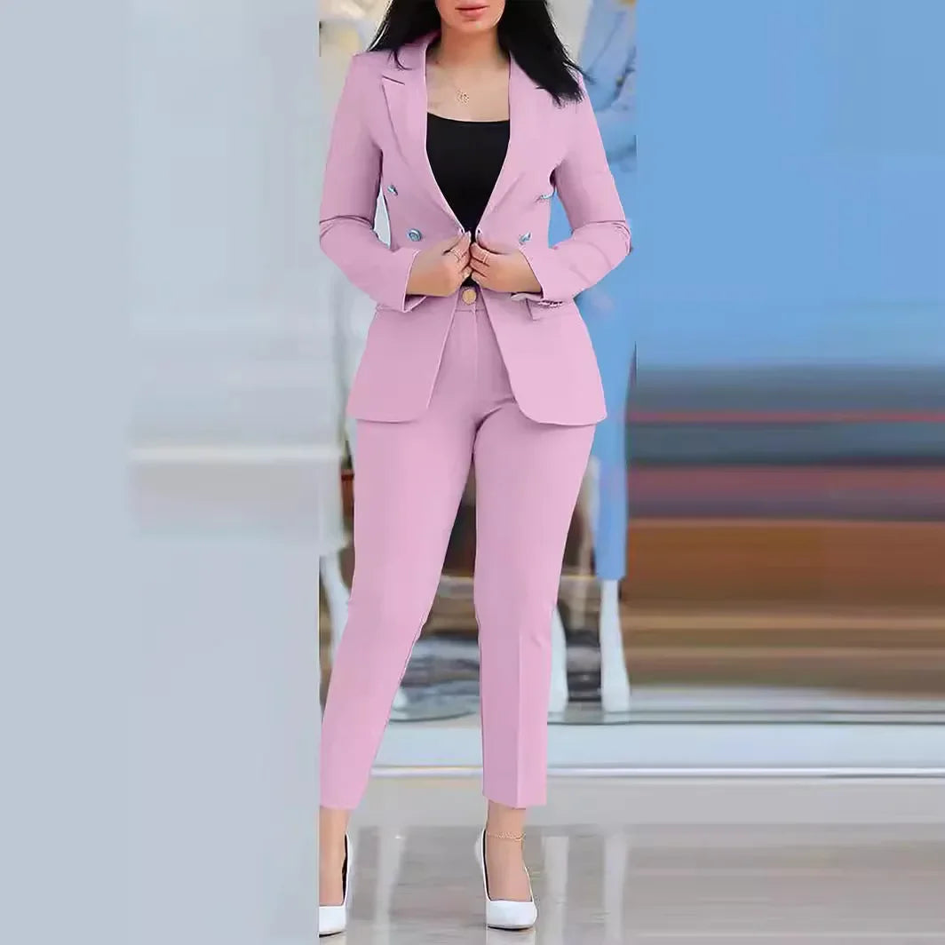 Gold Button Design Women's Solid Color Long Sleeve Blazer Jacket & High Waist Pencil Pants Business Suit