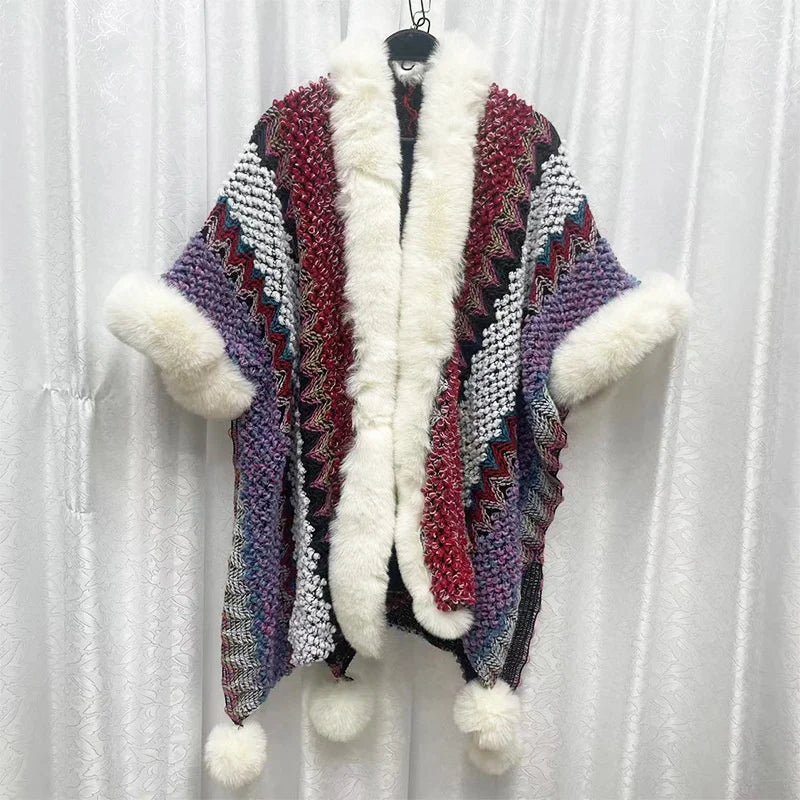 Hooded Fringe Tassel PomPom Decor Geometric Striped Colorblock Cape Cloak Shawl Wrap Scarf Sweater