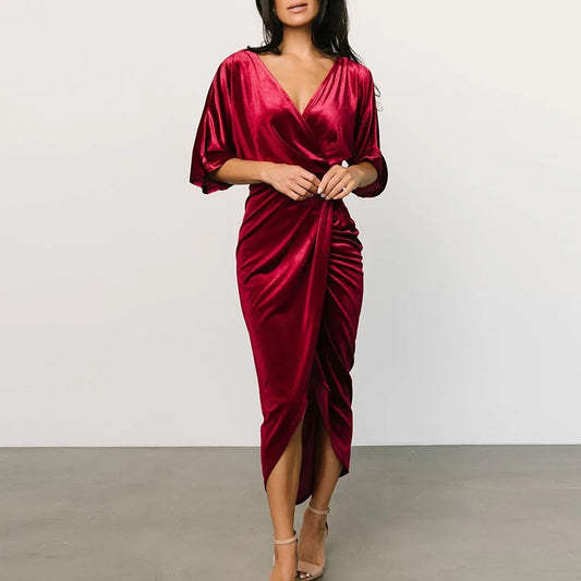 Velvet A-Line Irregular Evening V-Neck Draped Dress