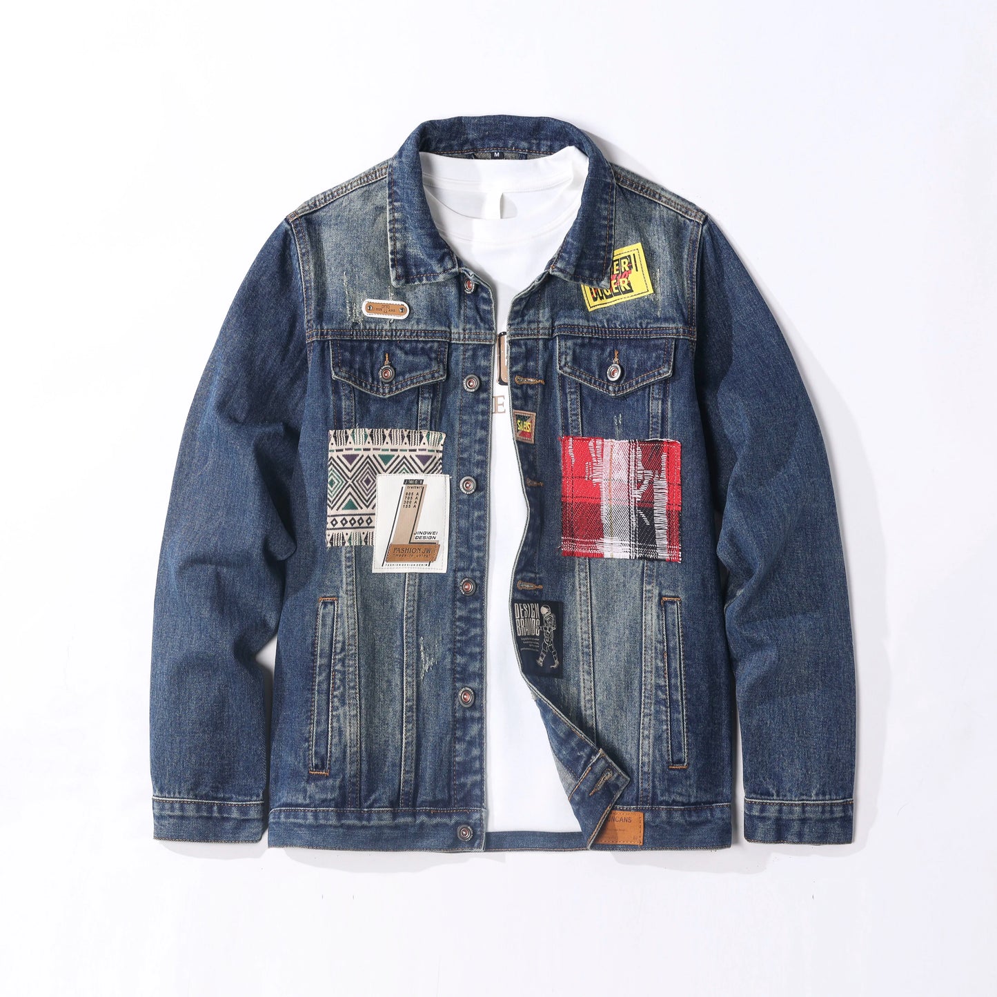 Men's Denim Patchwork Design Washed Gradient Colorblock Hip-Hop Streetwear Jean Jacket
