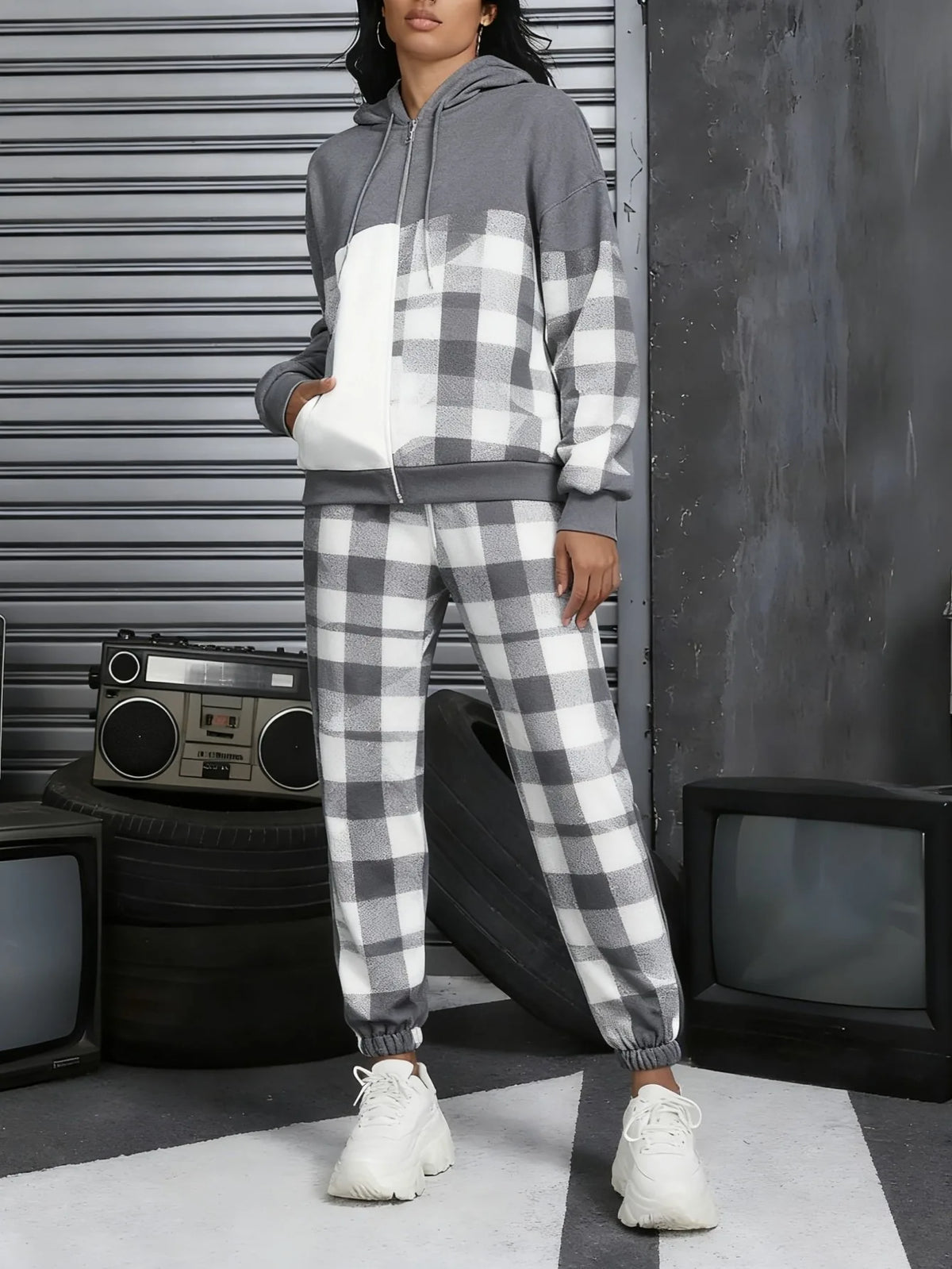 Drawstring Plaid Checker Colorblock/Houndstooth Print Women's Zipper Hoodie Jacket + Sweatpants Tracksuit