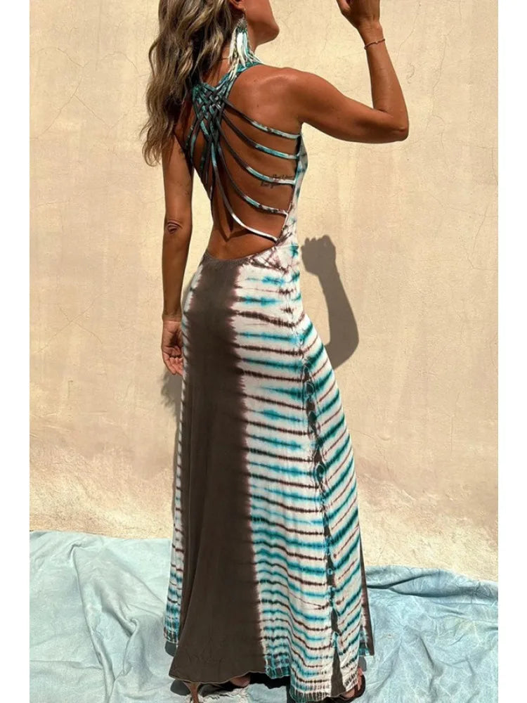 Striped Colorblock Print Backless Criss-Cross Strap Sleeveless Maxi Dress