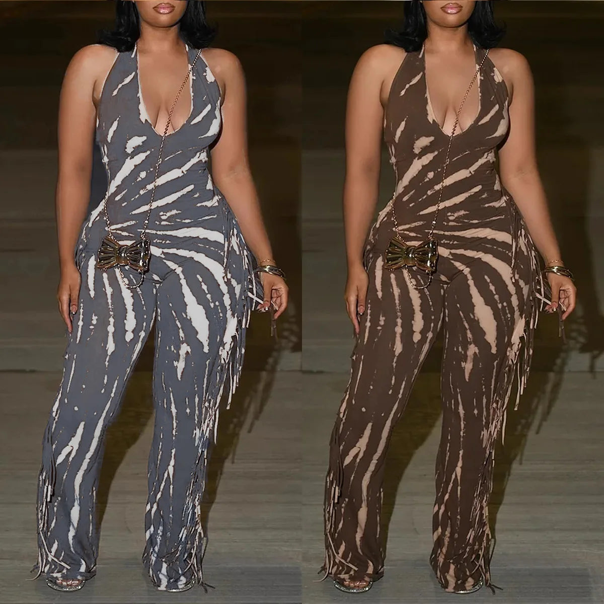 Coffee/Grey Striped Swirl Print Tassel Fringe Design Backless V-Neck Bodycon Women's Sleeveless Jumpsuit to 3X Plus Size