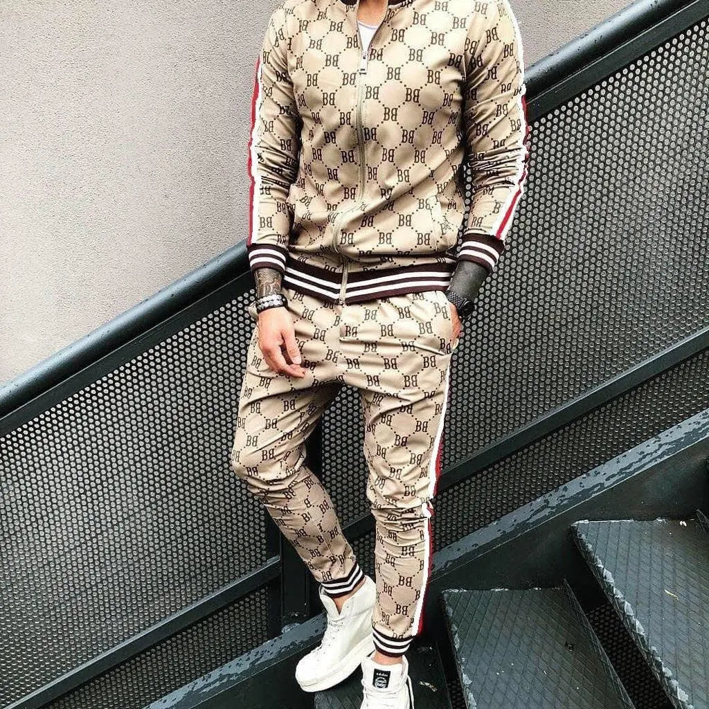 Velvet Monogram Side Striped Print O-Neck Sweat Jacket + Sweatpants Tracksuit