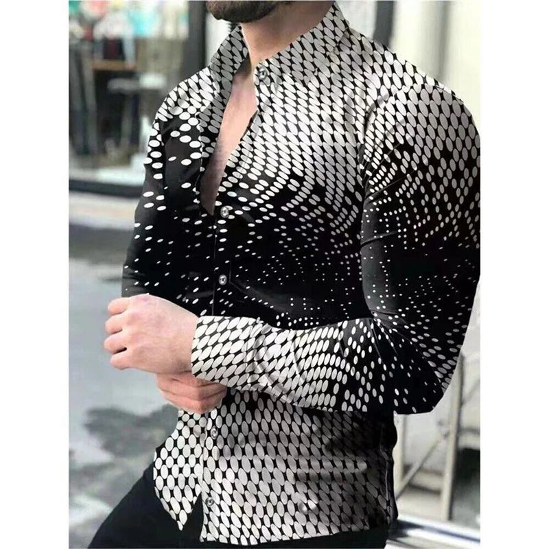 Men's Geometric Striped Print Turn-Down Collar Long Sleeve Button-Up Dress Shirts