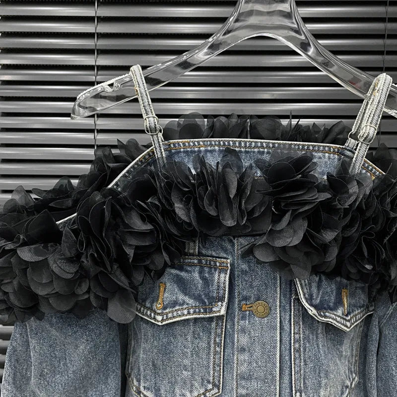 Denim Faded Light Blue Irregular Washed Black Rose Flower Trim Off-the-Shoulder Women's Double Pocket Design Jean Jacket